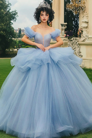Glitter Dusty Blue Ball Gown Long Off the Shoulder Quinceanera Dress with Ruffles